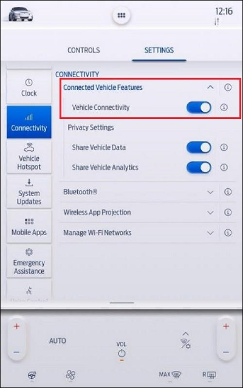 SYNC 4A vehicle connectivity toggle